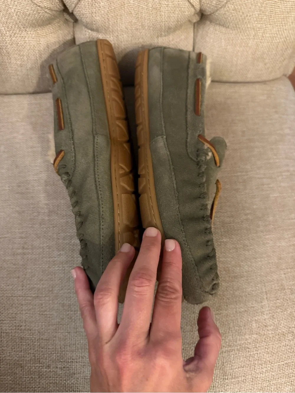 L.L. Bean Olive Green Suede Shearling-Lined Moccasins